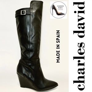 Charles David Black Leather Over Knee Wedge Heel Pointed Toe Riding Boots